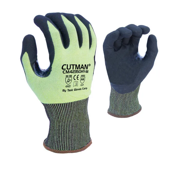 18G Hi-Vis Yellow HDPE, Black Micro-Foam Nitrile Palm coated, Reinforced Thumb Crotch, ANSI Cut A4