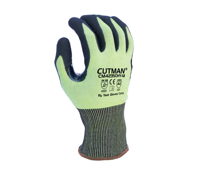 18G Hi-Vis Yellow HDPE, Black Micro-Foam Nitrile Palm coated, Reinforced Thumb Crotch, ANSI Cut A4