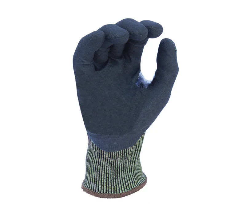 18G Hi-Vis Yellow HDPE, Black Micro-Foam Nitrile Palm coated, Reinforced Thumb Crotch, ANSI Cut A4