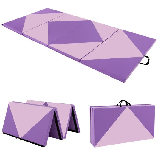 8 Feet PU Leather Folding Gymnastics Mat with Hook and Loop Fasteners-Pink & Purple