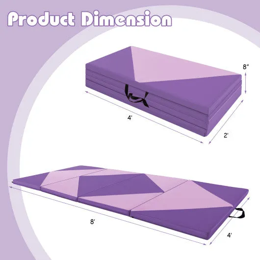 8 Feet PU Leather Folding Gymnastics Mat with Hook and Loop Fasteners-Pink & Purple