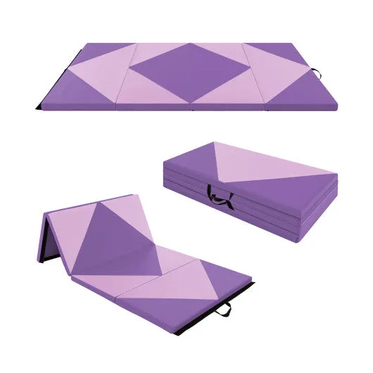 8 Feet PU Leather Folding Gymnastics Mat with Hook and Loop Fasteners-Pink & Purple