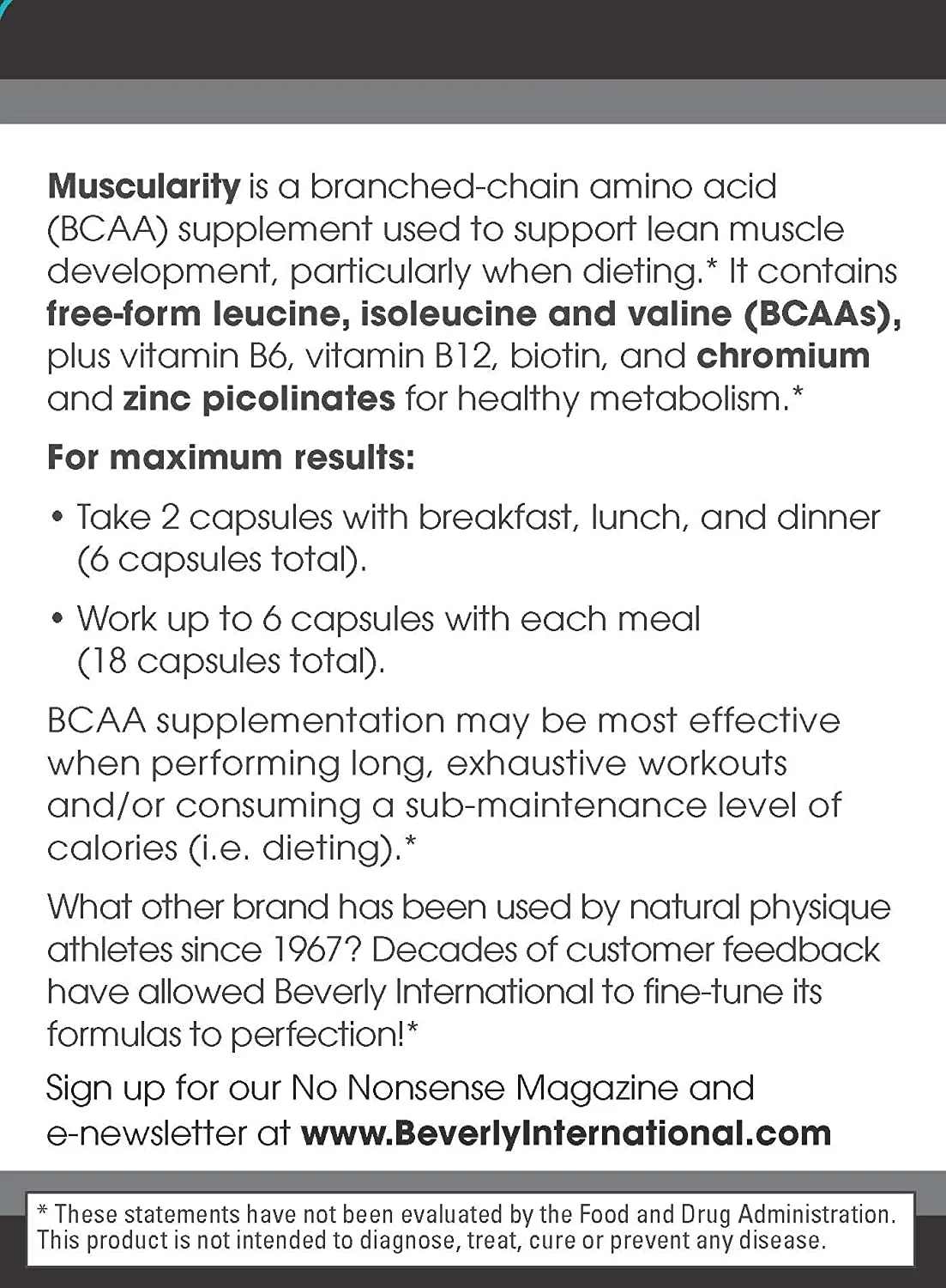 Beverly International Muscularity Specialty BCAA Formula, 180 Capsules. Branched Chain Amino Acids   Chromium Picolinate, B6-B12. Improves Energy Metabolism - Muscle Recovery - Muscle Guard.