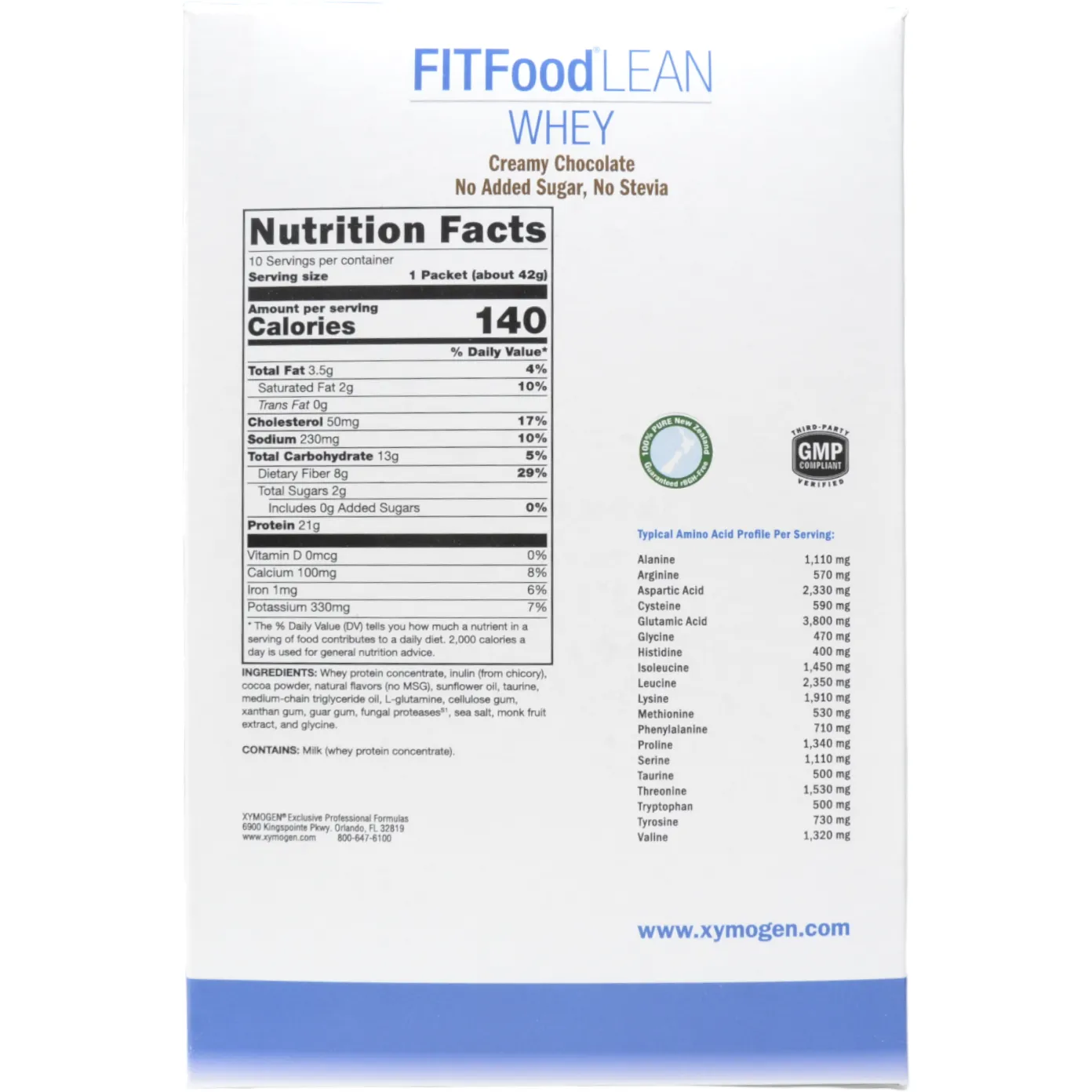 FIT Food Lean Whey: Creamy Chocolate (No Added Sugar, No Stevia) 10 Servings by Xymogen