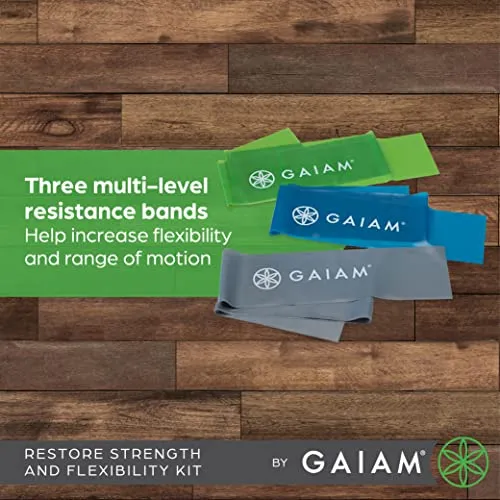 Gaiam Restore Strength and Flexibility Resistance Band Kit Set - 3 Levels of Resistance - Strength Training Workout Bands for Stretching Muscles - Versatile Exercise Tool - Light, Medium, and Heavy