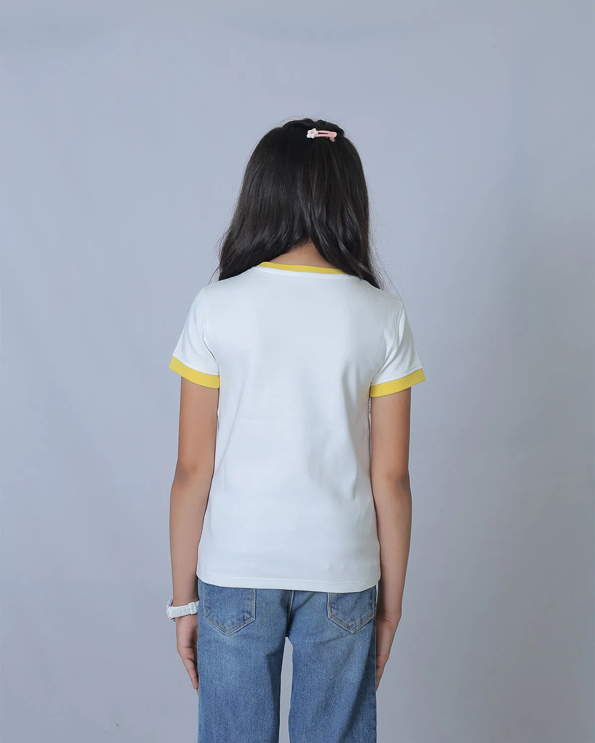 Girls White/Yellow Round Neck T-Shirt