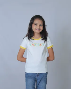 Girls White/Yellow Round Neck T-Shirt