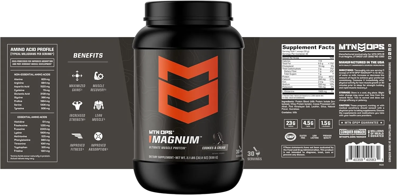 MTN OPS, Magnum Whey Isolate Protein Powder, 23g of 100% Whey Protein with BCAAs, Sugar & Gluten Free, Cookies & Cream Protein Shake, 30-Serving Tub