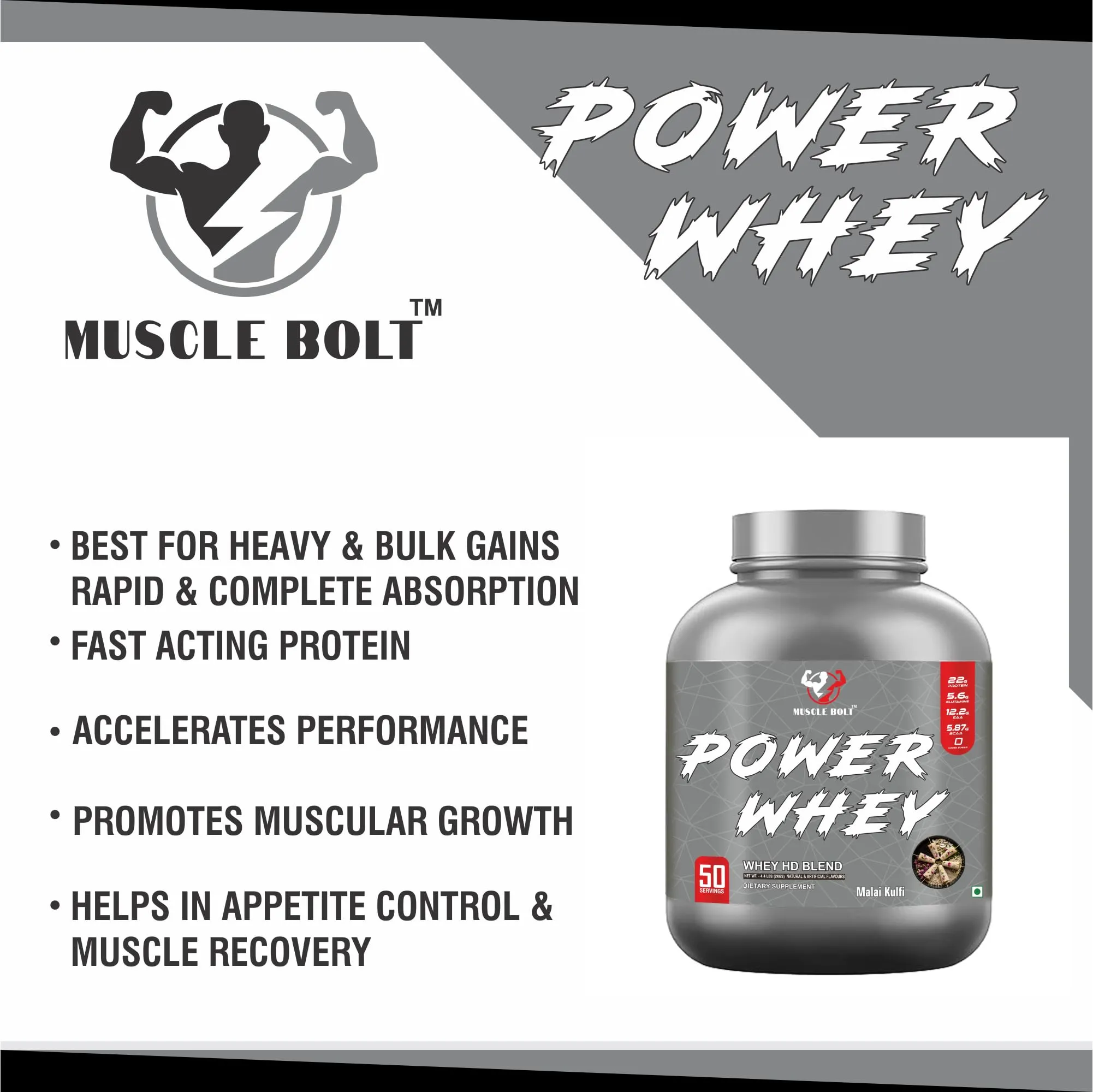 MUSCLEBOLT 2Kg / 4.4 lbs Power Whey Protein HD Blend (Malai Kulfi 50 Servings) with 22g Protein, 5.6g Glutamine Per Serving With Digestive Enzymes for better absorption Improve Muscle Building