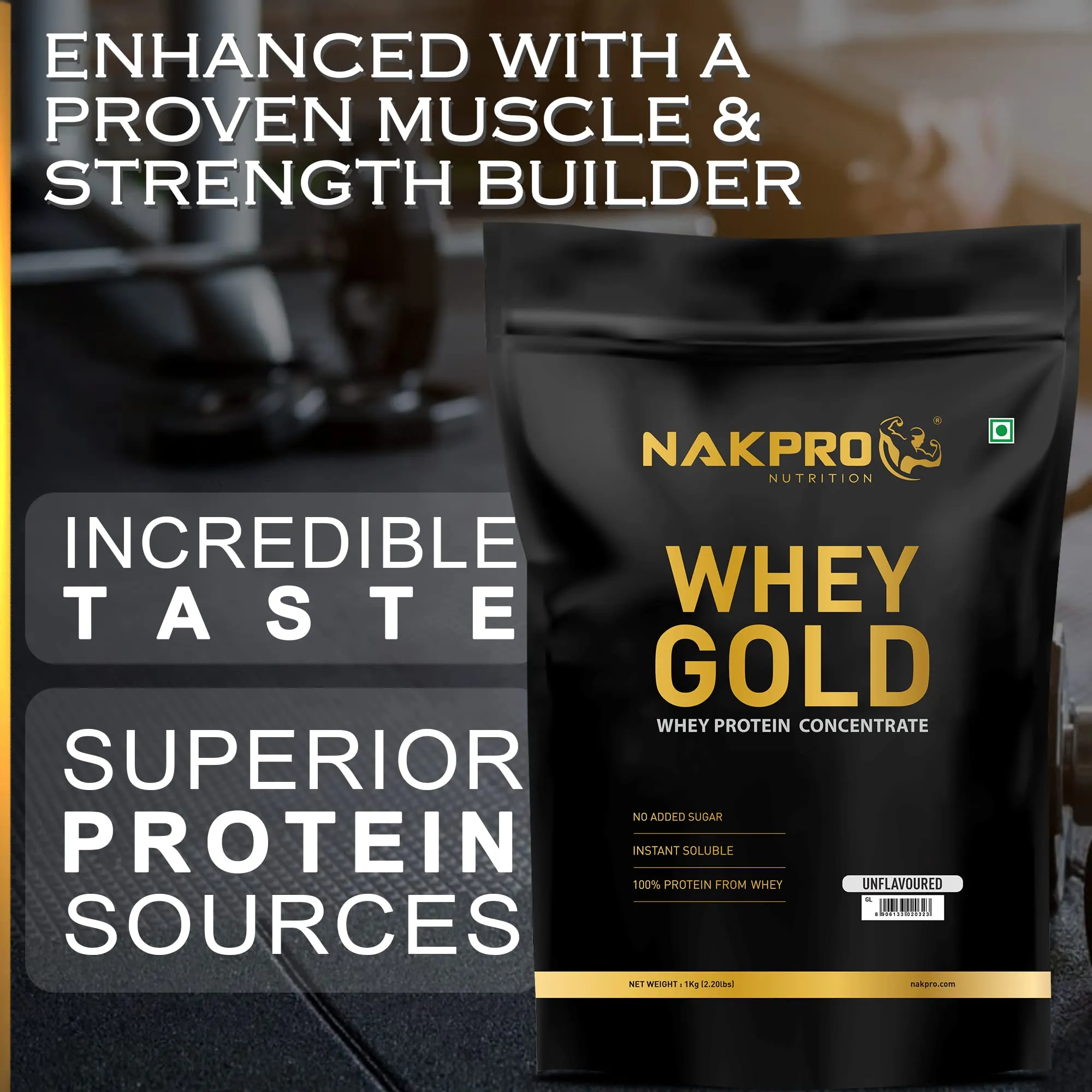 NAKPRO GOLD Whey Protein Concentrate 80% (Raw, Pure, asitis, Unflavored USA made) - 1Kg (Pack of 2, 500g Each)