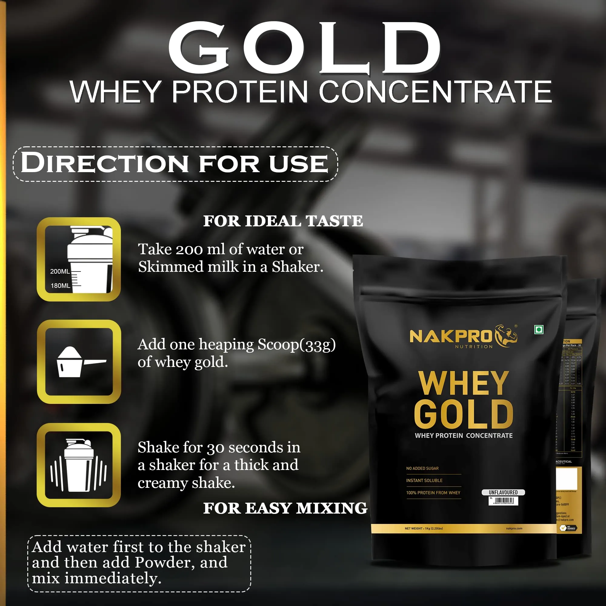 NAKPRO GOLD Whey Protein Concentrate 80% (Raw, Pure, asitis, Unflavored USA made) - 1Kg (Pack of 2, 500g Each)