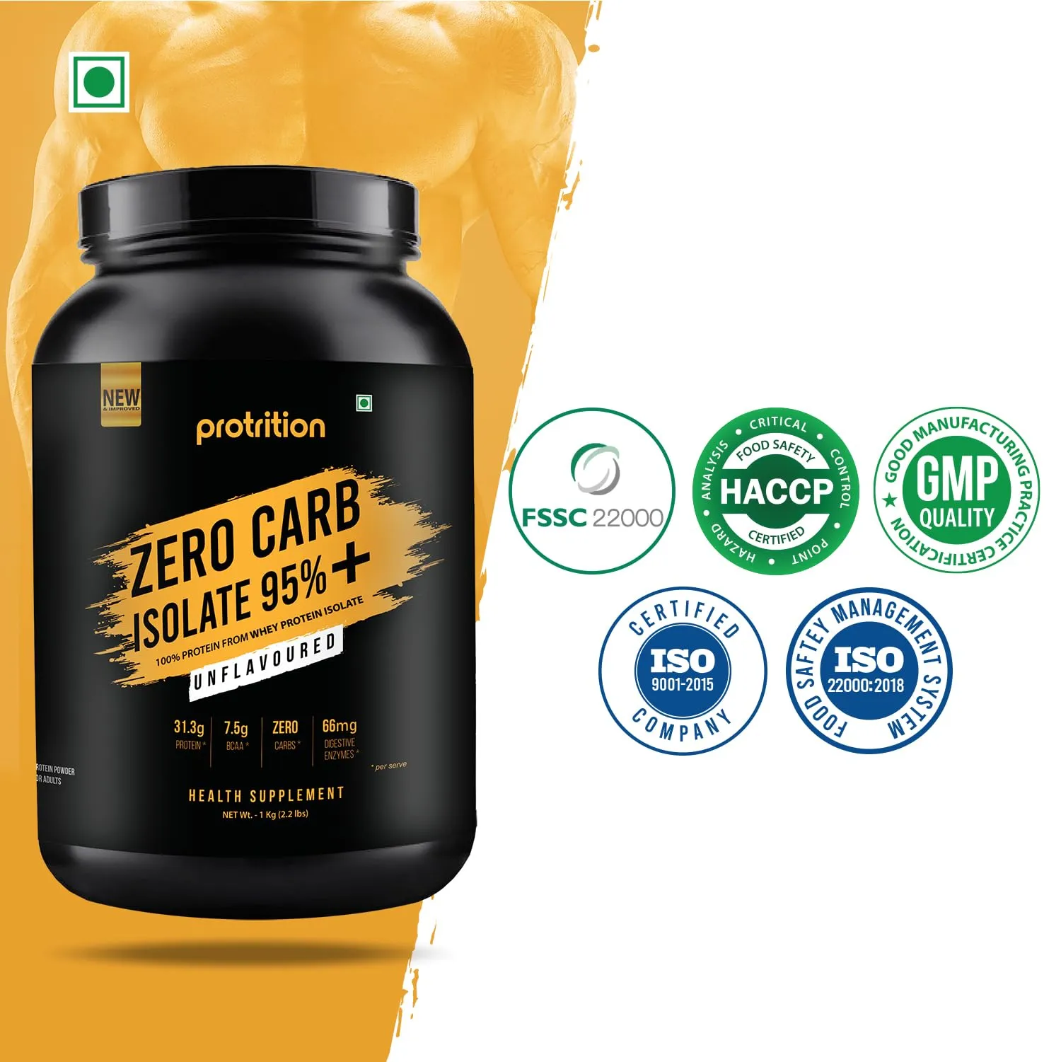 Protrition Zero Carb Whey Protein Isolate Powder 95% | Unflavoured - 1kg (30 Servings) | 31.3g Protein, 7.5g BCAA per SCOOP | Added Digestive Enzymes | Muscle Growth, Strength And Recovery