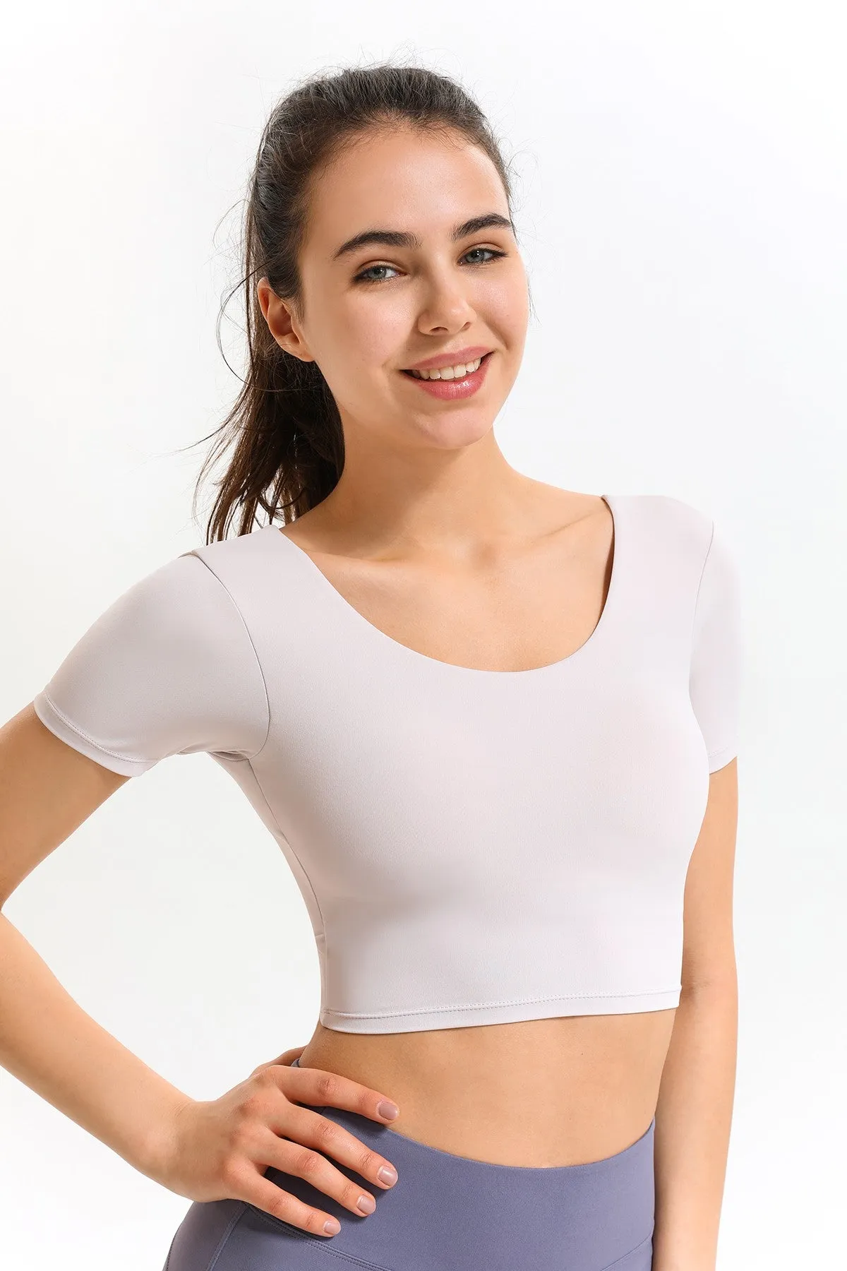 U Neck Short Sleeve Shirts Built-in Bra