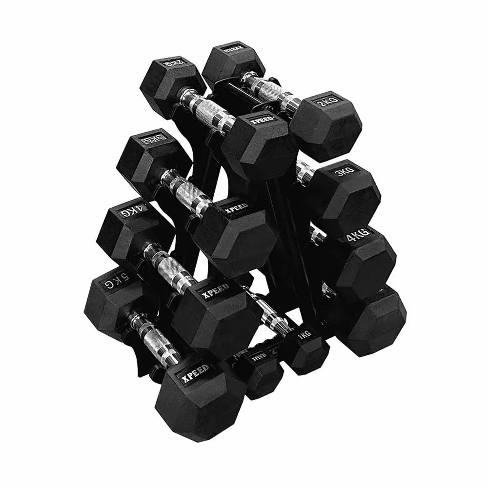 Xpeed 1-5kg Rubber Hex Dumbbell Bundle with Rack